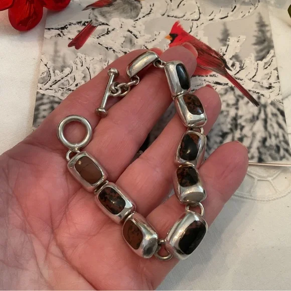 VINTAGE .950 SILVER MAHOGANY OBSIDIAN 9 LINK BRACELET, TOGGLE CLASP 36 GRAMS - Picture 3 of 16